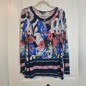 Piccadilly Womens Blue & Pink Floral and Striped Long Sleeve  Blouse SZ XXL